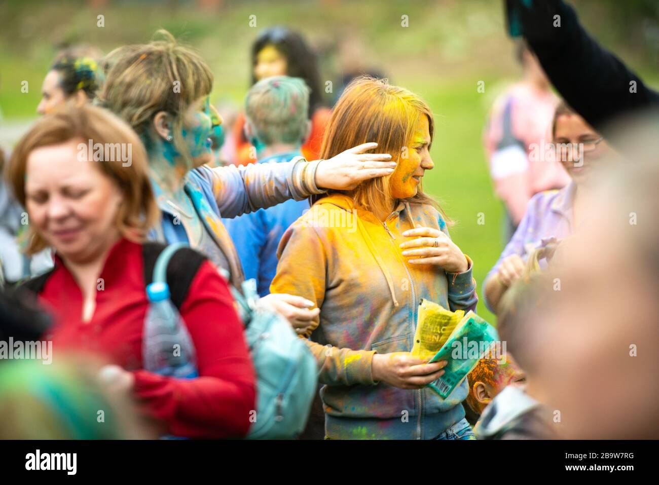 Chelyabinsk Region, Russia - JULY 2019. Children of different nationalities are friends at the festival of colors. Holiday in the province with the Stock Photo