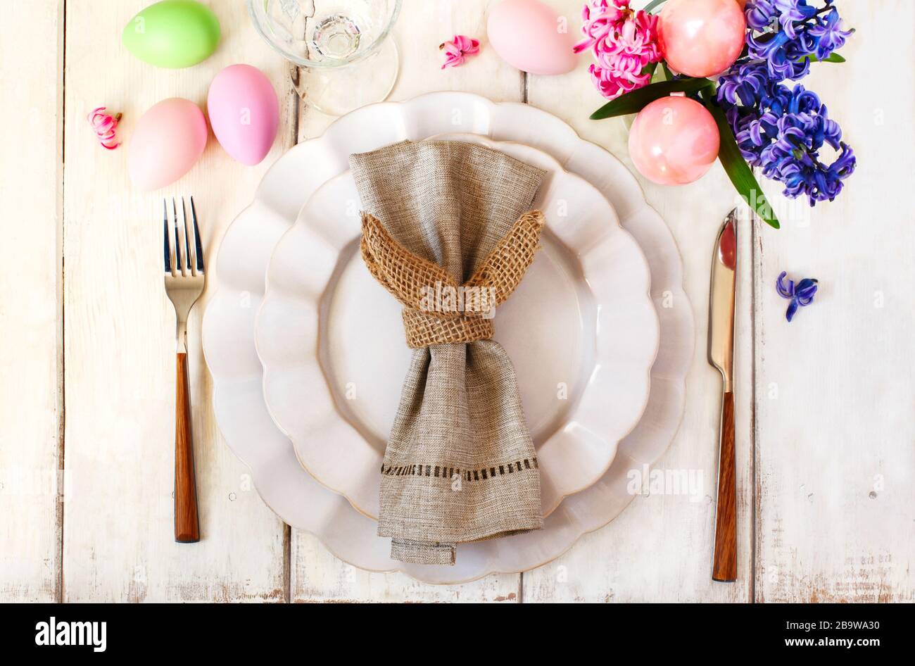 Easter table setting, top view Stock Photo