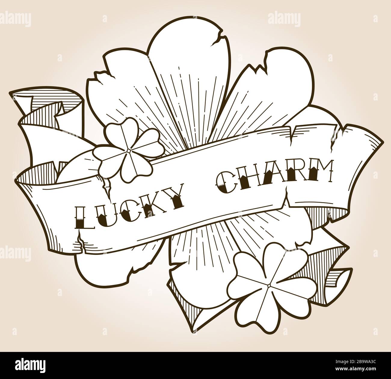 Lucky charm fourleaf clovers with a ribbon, outline vector