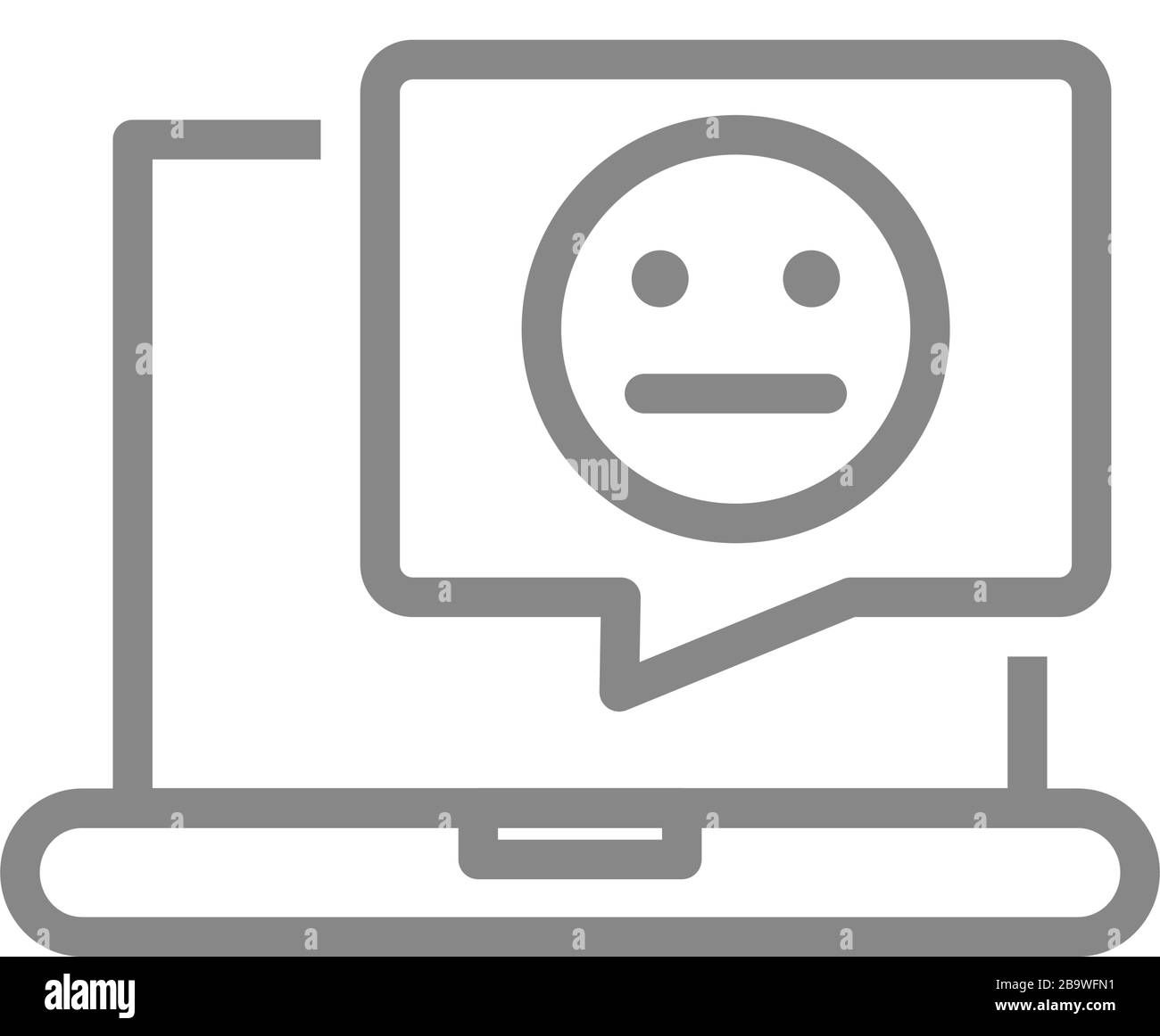 Laptop with neutral face in speech bubble line icon. Upset customer, negative feedback, online message symbol Stock Vector
