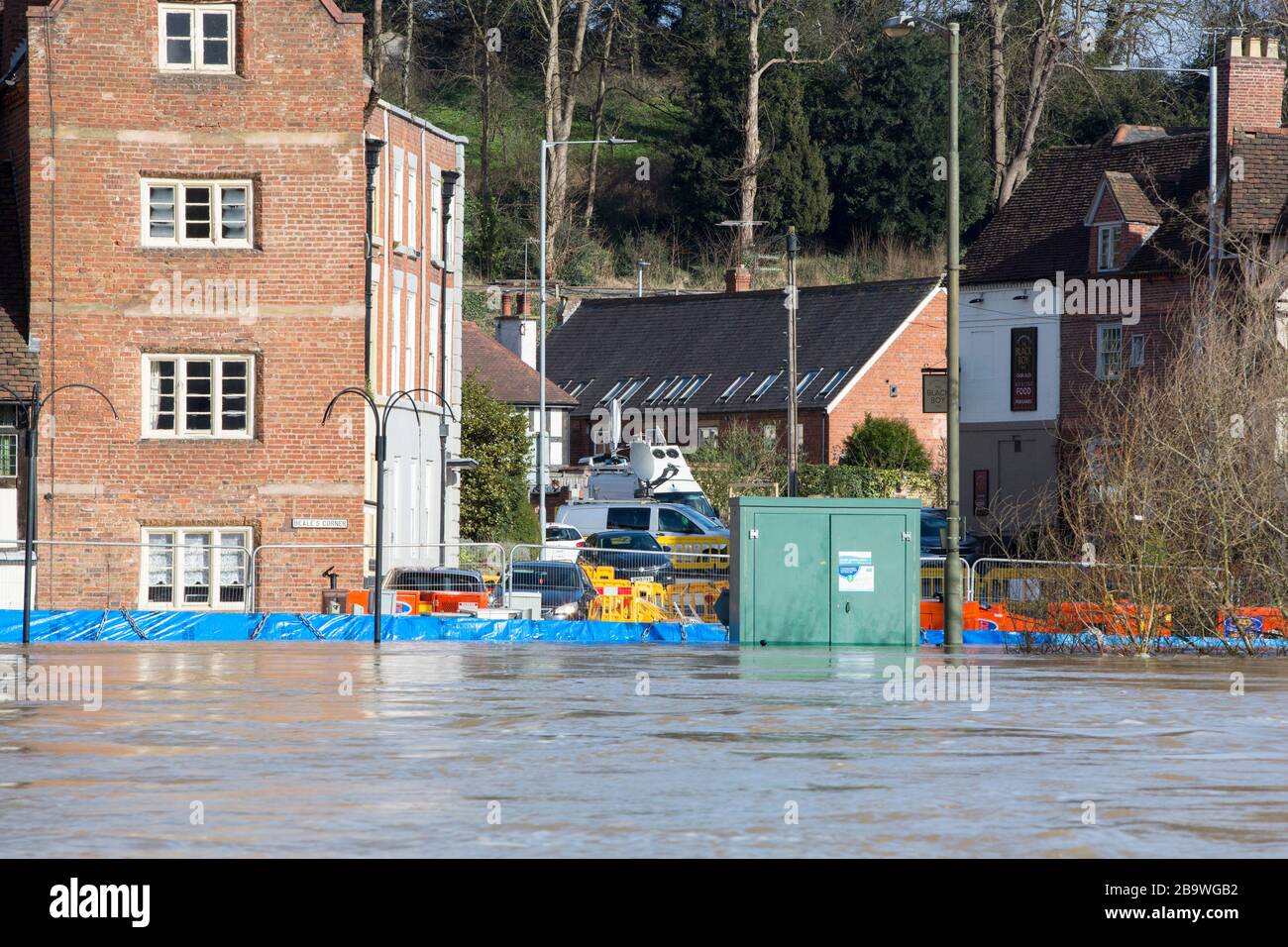Flooding in Bewdley, Worcestershire, when the River Severn broke its banks and over topped the flood barriers, after the wettest February on record in Stock Photo