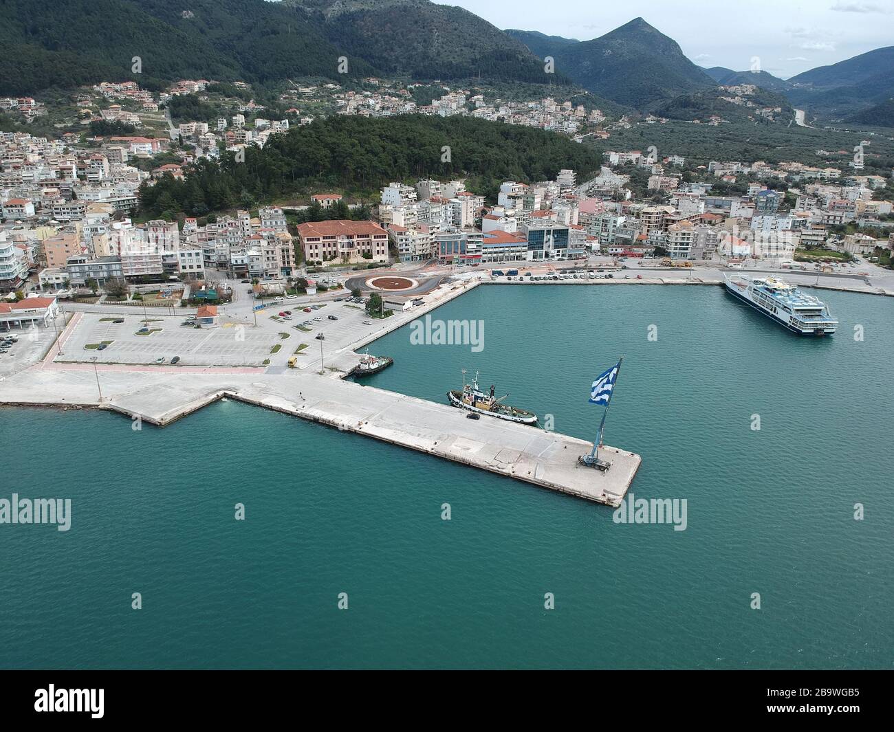 Aerial view Greece huge National Greek Flag Waving on anniversary of ...