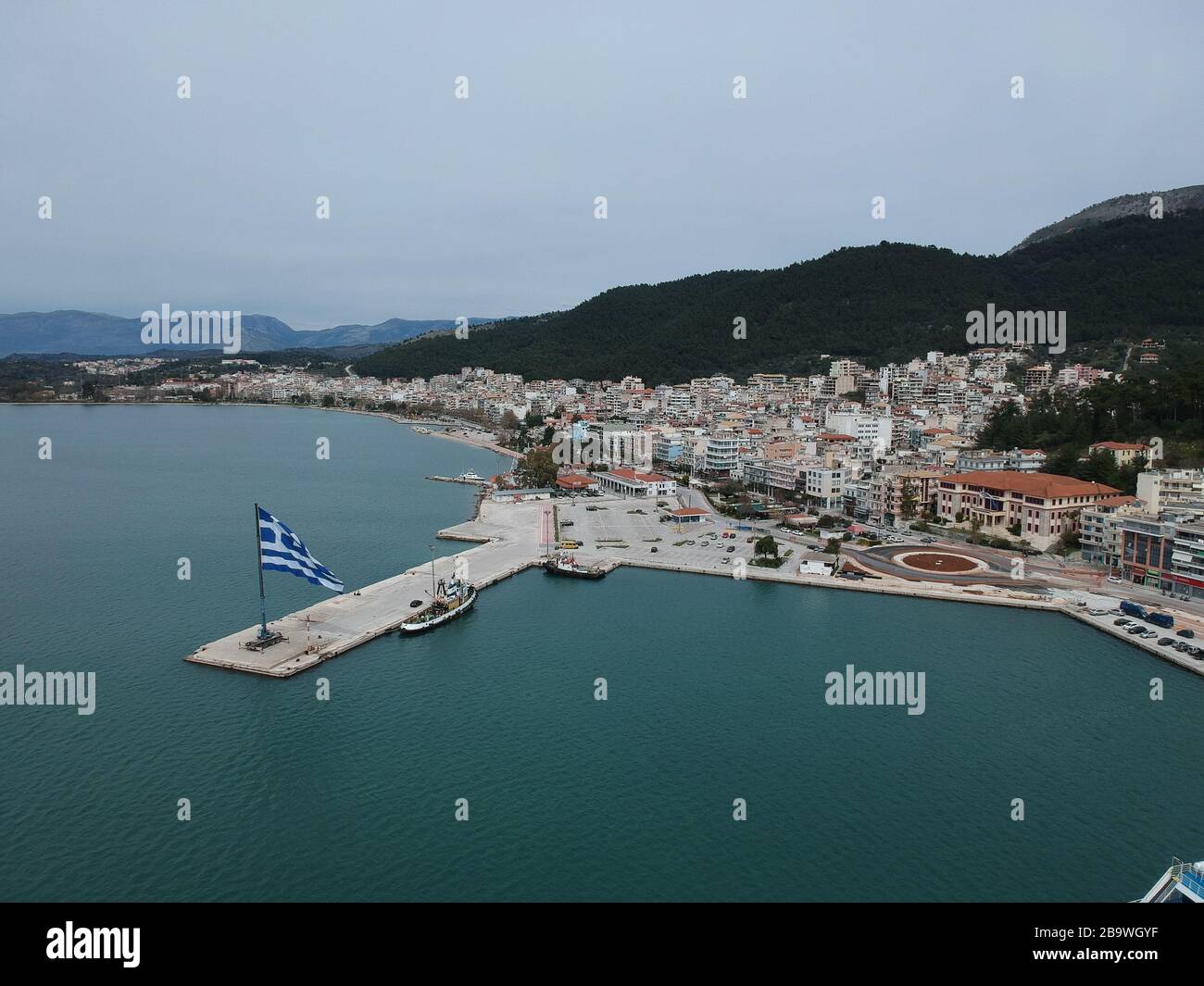 Aerial view Greece huge National Greek Flag Waving on anniversary of ...