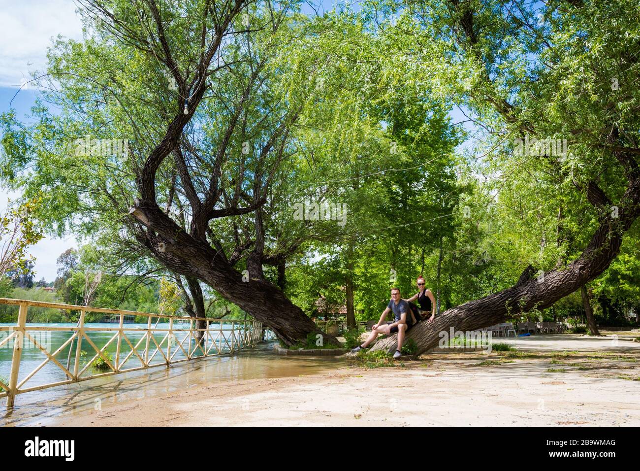 Beautiful tourists couple on honeymoon at Manavgat Selalesi Falls in