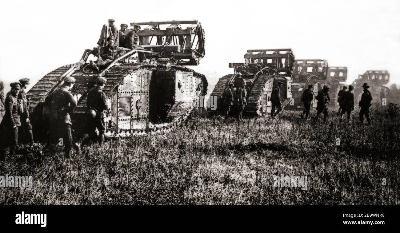 British Mark V tanks, first deployed in 1918, on the move near Cambrai, Northern France for action in the Battle of St. Quentin Canal, a pivotal battle of World War I that began on 29 September 1918 and involved British, Australian and American forces operating as part of the British Fourth Army under the overall command of General Sir Henry Rawlinson Stock Photo