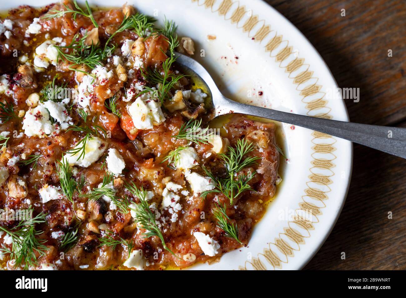 Turkish meze Soslu Patlican smoked aubergine salad to share Stock Photo