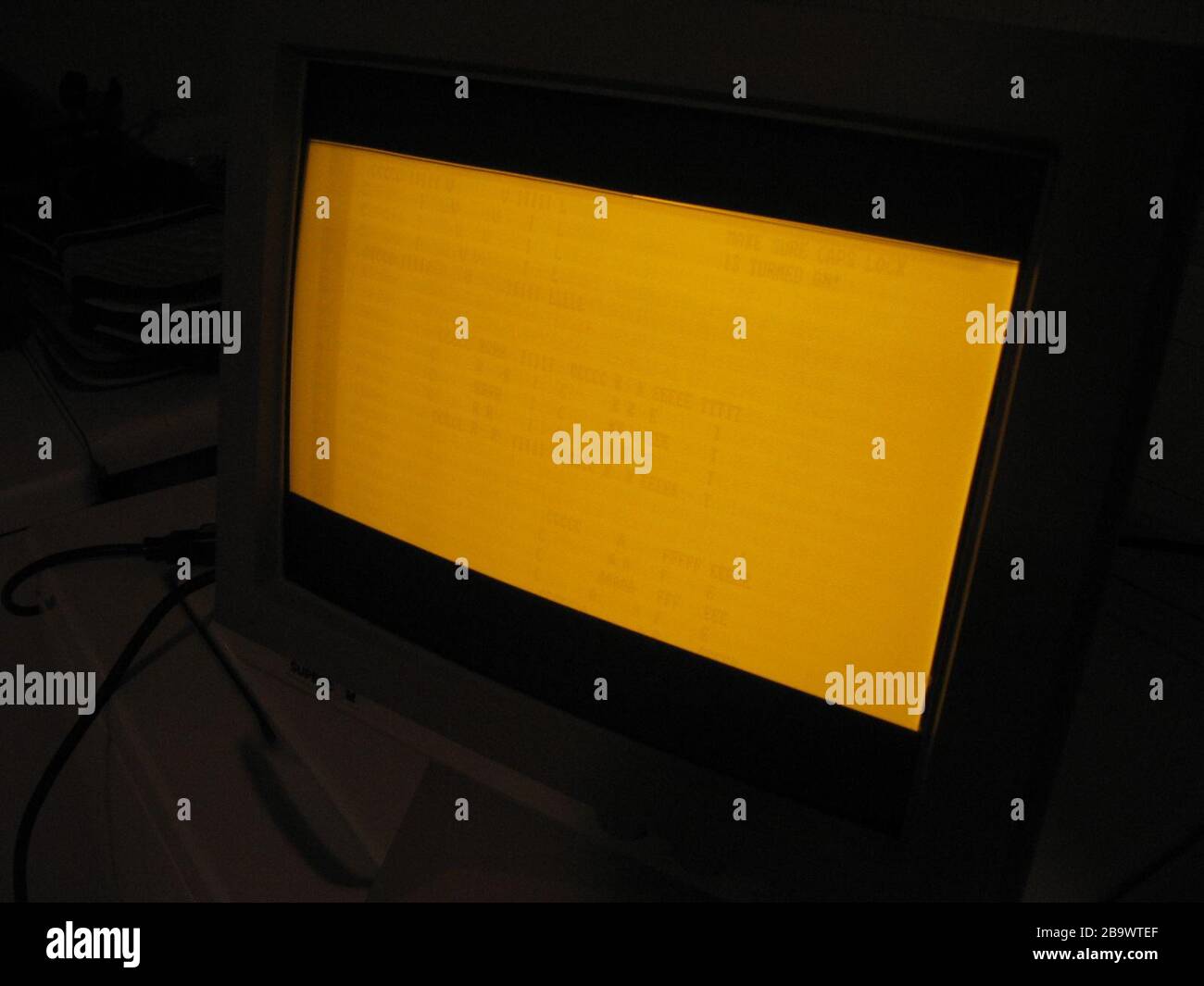 English: Phosphor burn-in (screen burn) visible on an amber monochrome CRT  computer monitor; shows burn-in from a spreadsheet program and a program  utilizing ASCII-art. Self-made photo; own monitor; released PD.; 21  September