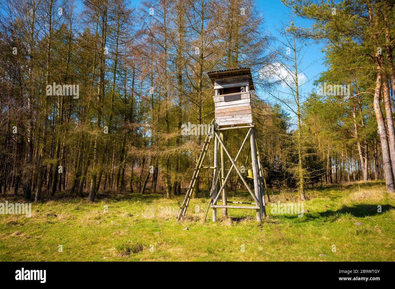 Wooden elevated deer hunting blind at the edge of a forest and field