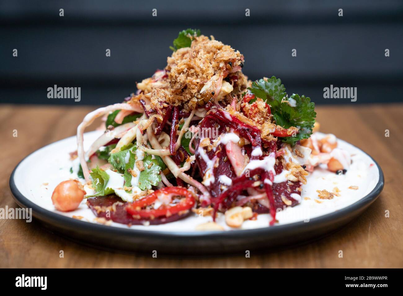 Beetroot Thoran, crispy shallot, Indian inspired salad dry curry with