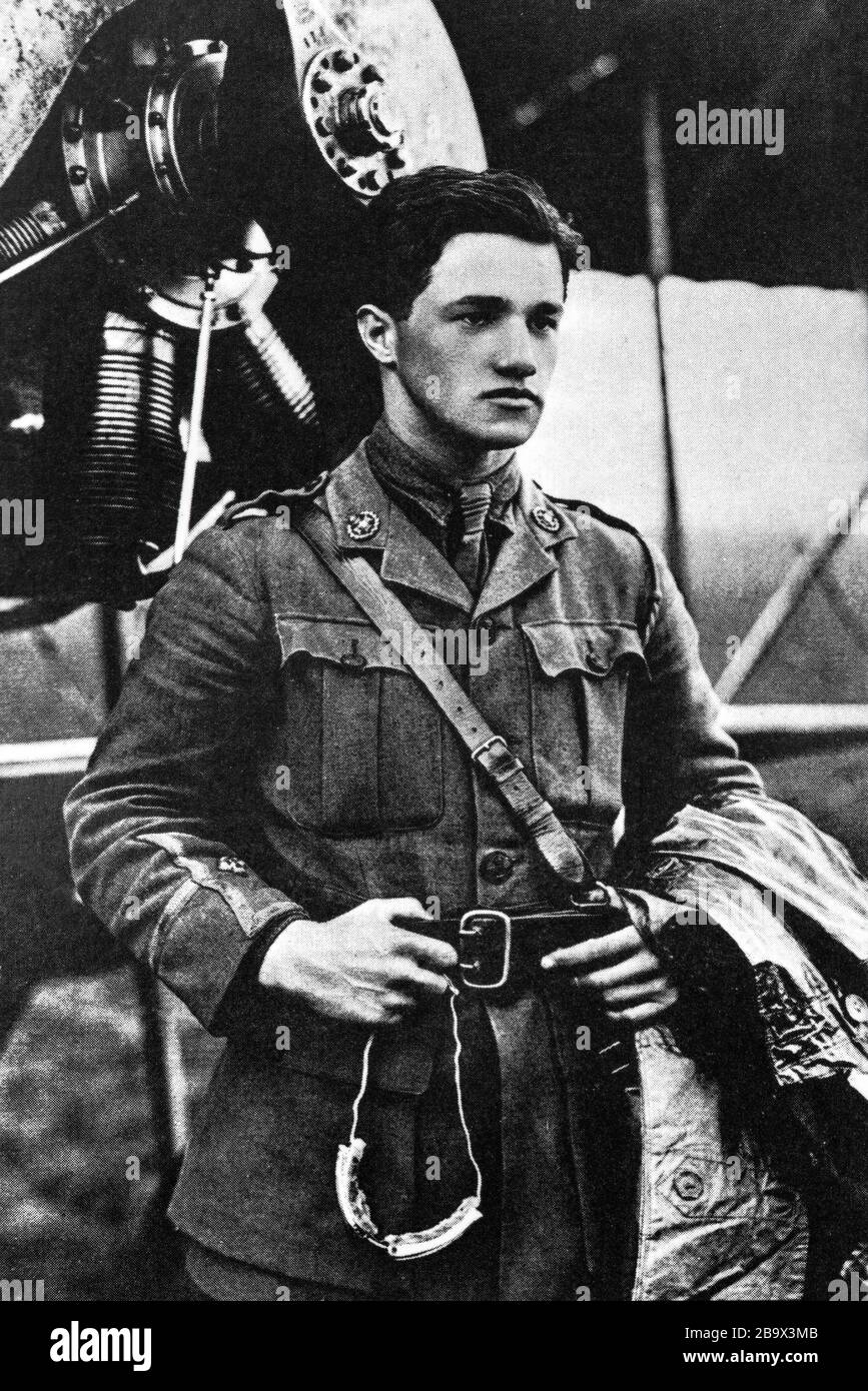 A portrait of Albert Ball, VC, DSO & Two Bars, MC (1896-1917) was an English fighter pilot during the First World War. At the time of his death he was the United Kingdom's leading flying ace, with 44 victories, and remained its fourth-highest scorer behind Edward Mannock, James McCudden, and George McElroy. Photographed in front of an old Caudron G.3, single-engined French biplane reconnaissance aircraft and trainer. Stock Photo