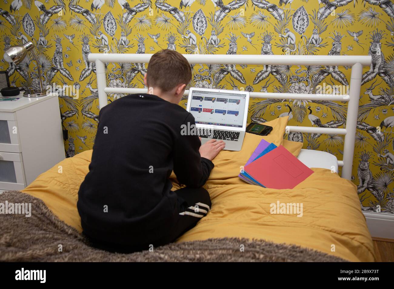 Boy does school work at home due to COVID19 Stock Photo