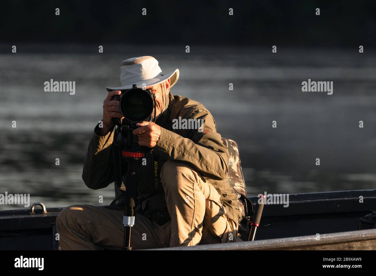 A nature photographer during a photo tour in the Pantanal Stock Photo