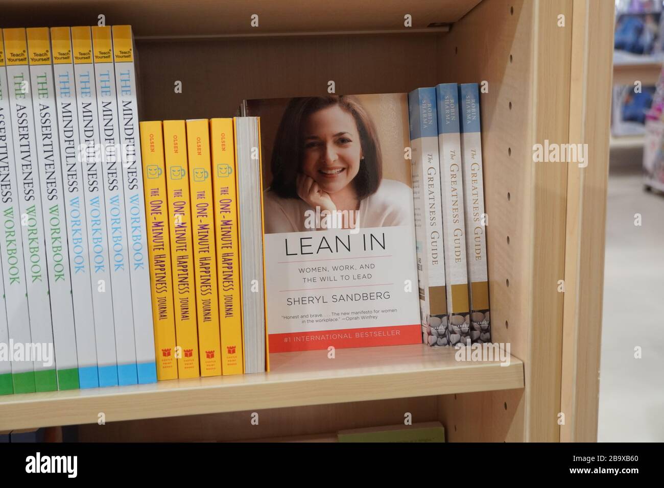 Dubai UAE December 2019 Lean in book by Sheryl Sandberg COO of Facebook displayed for sale at book store. Book showcased for sale. Stock Photo