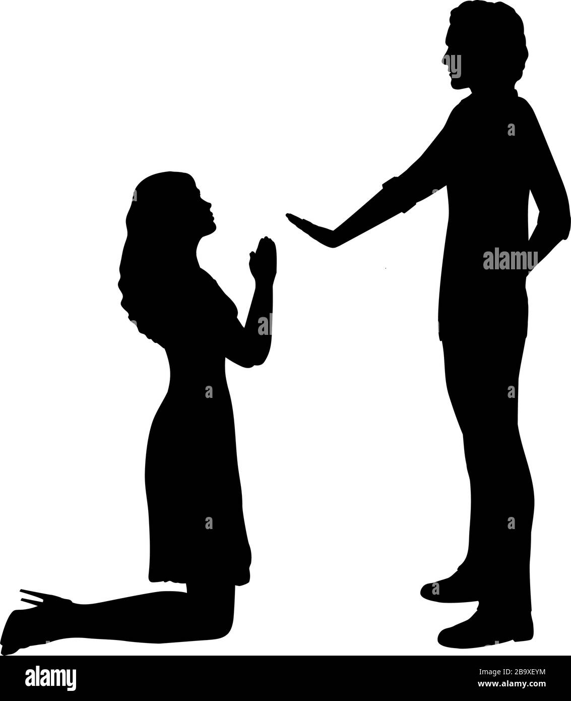 Silhouette of woman beg on her knees in front of man Stock Vector