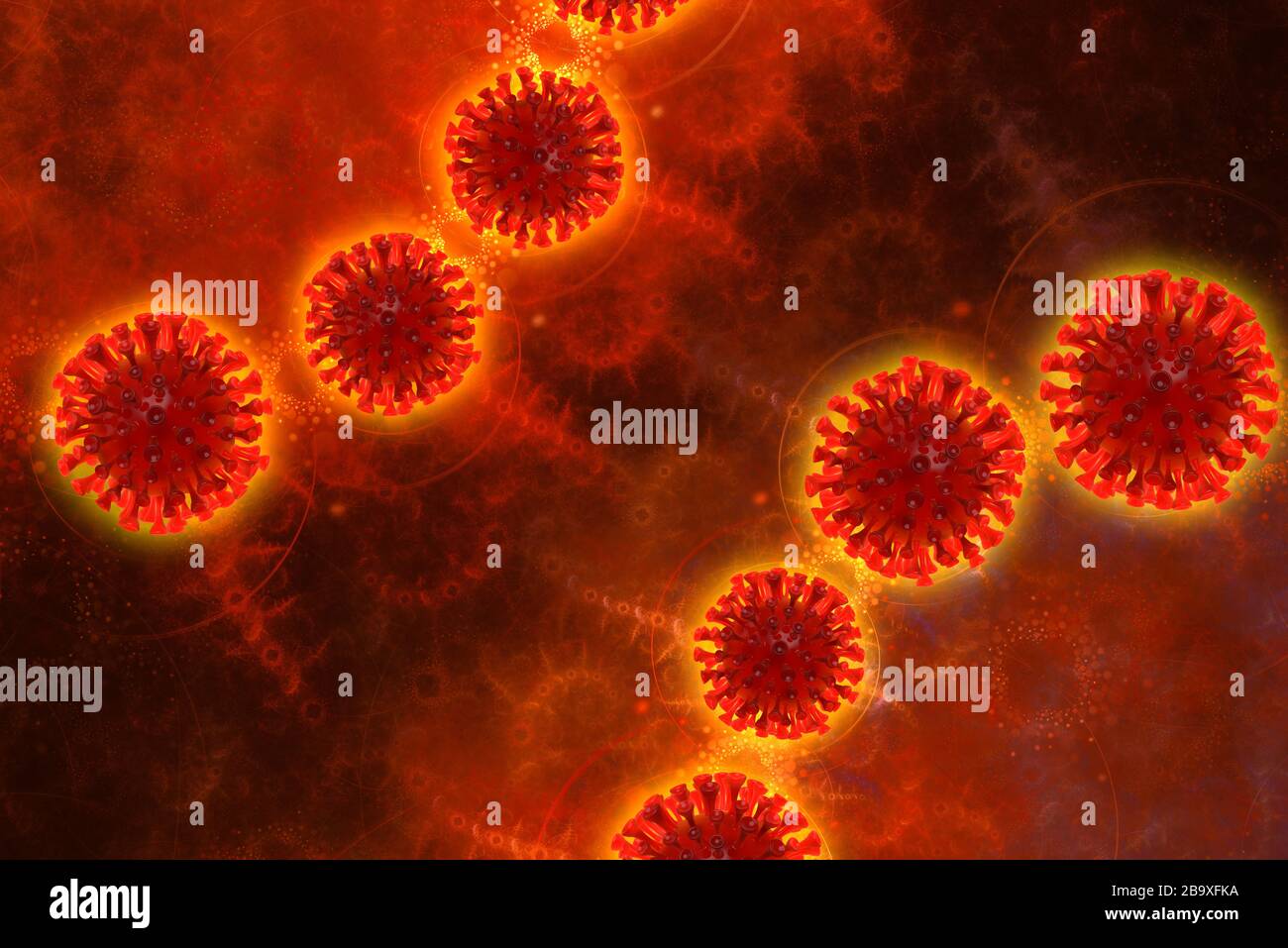 Coronavirus Wuhan, China COVID-19 background with corona cells molecules around. Epidemic condition 3d illustration on red background with copyspace Stock Photo
