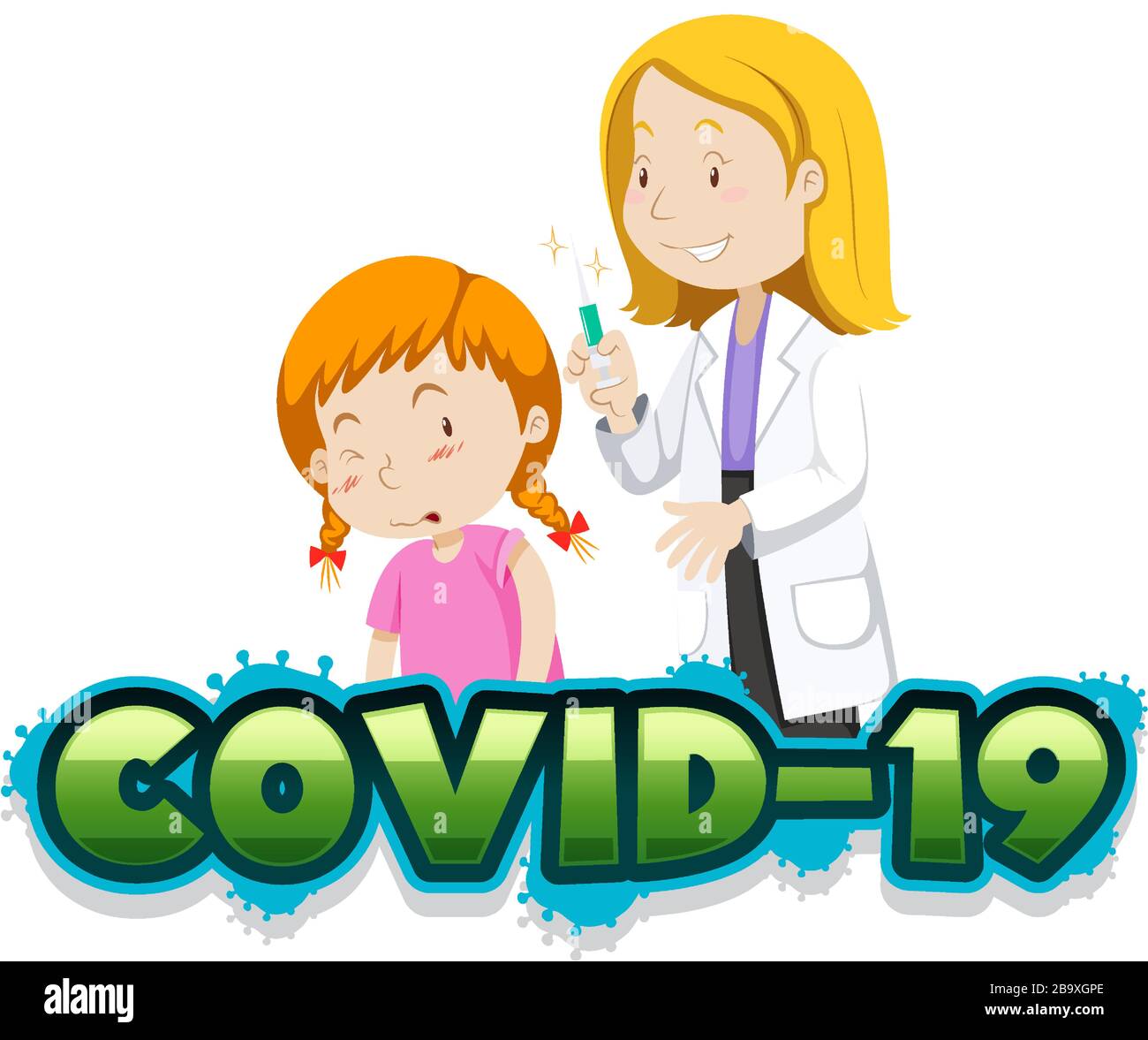 Covid 19 sign template with sick girl and doctor illustration Stock Vector