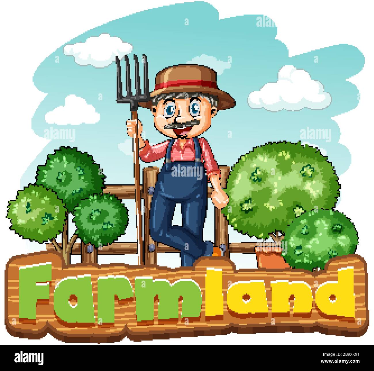 Font design for word farmland with farmer on the farm illustration
