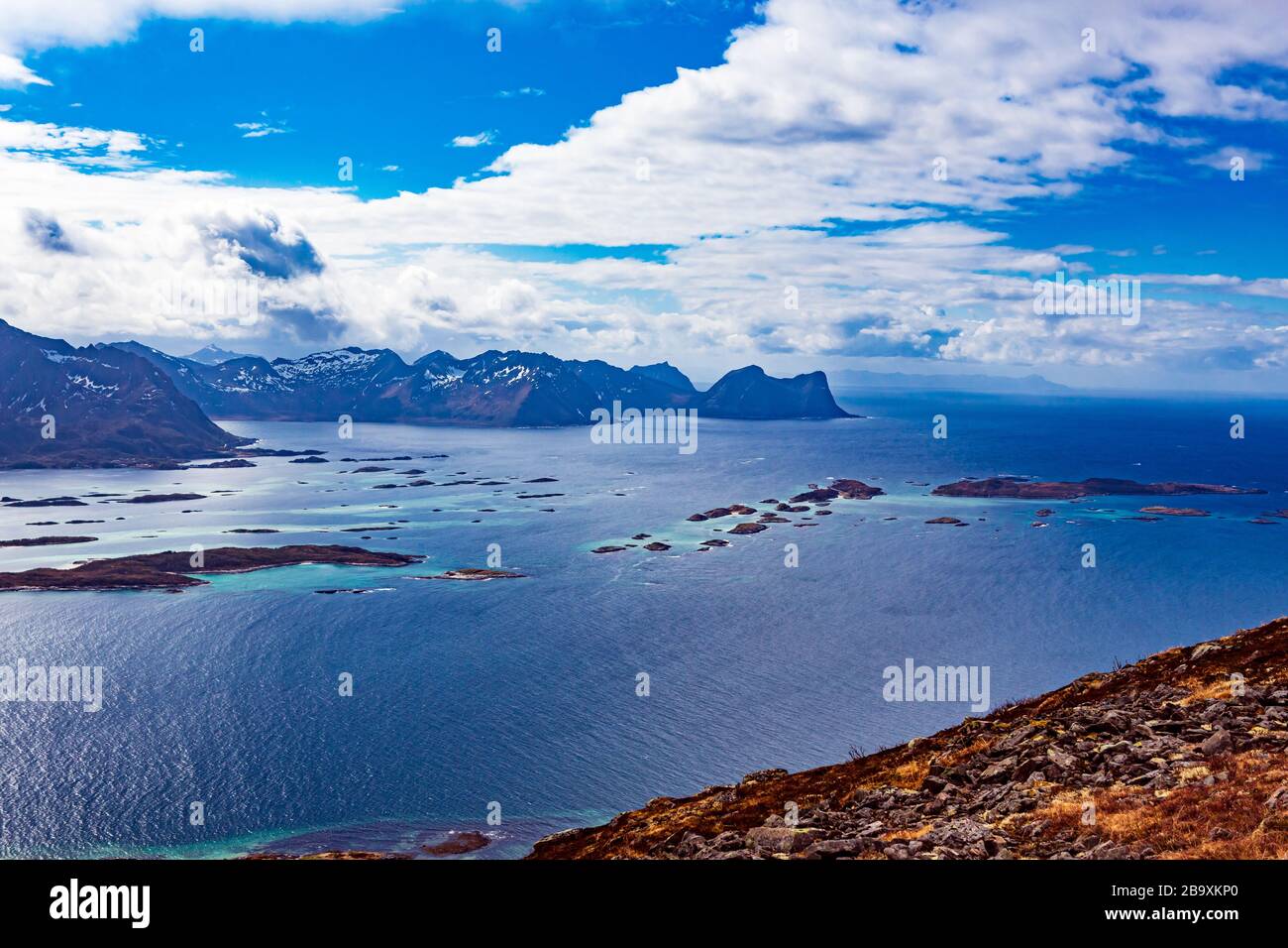 The landscape view of Senja Island from mountain Husfjellet in Norway ...