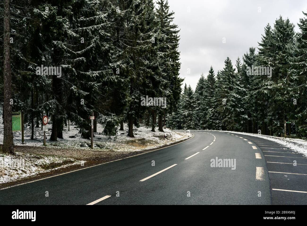 curved wet asphalt road in snowy pine forest Stock Photo - Alamy