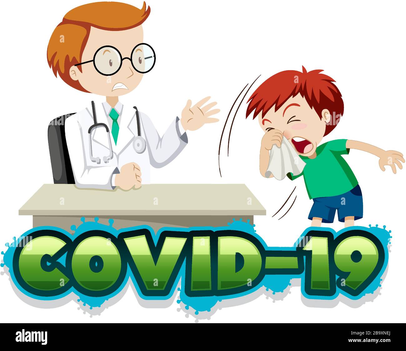 Covid 19 sign template with sick boy and doctor illustration Stock Vector