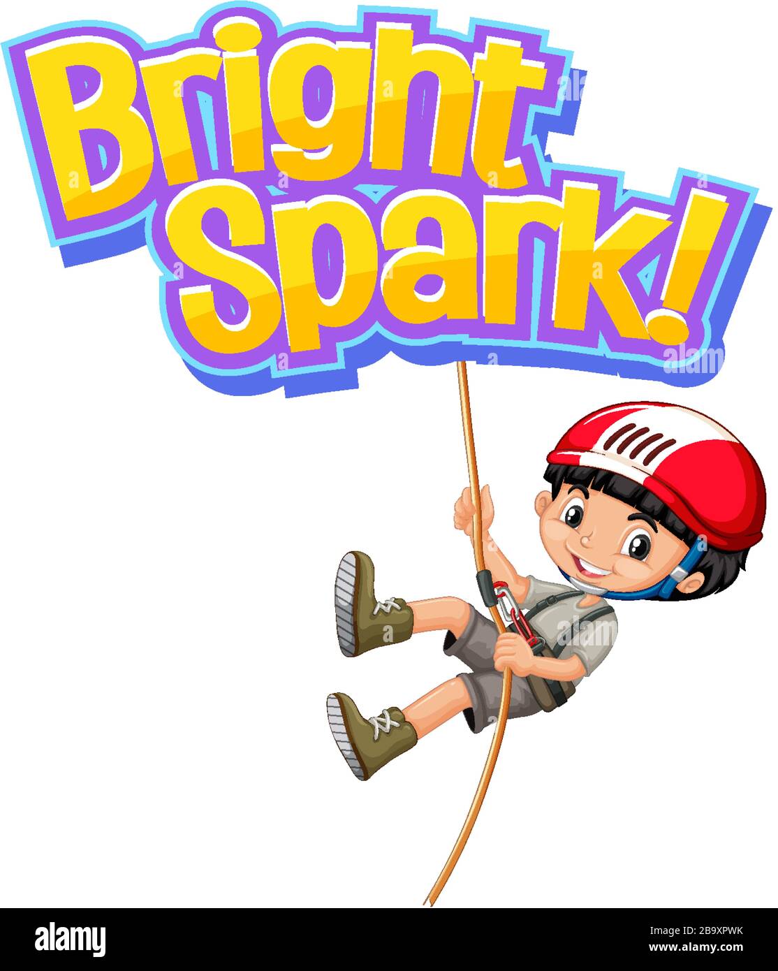Font design for word bright spark with boy climbing rope illustration