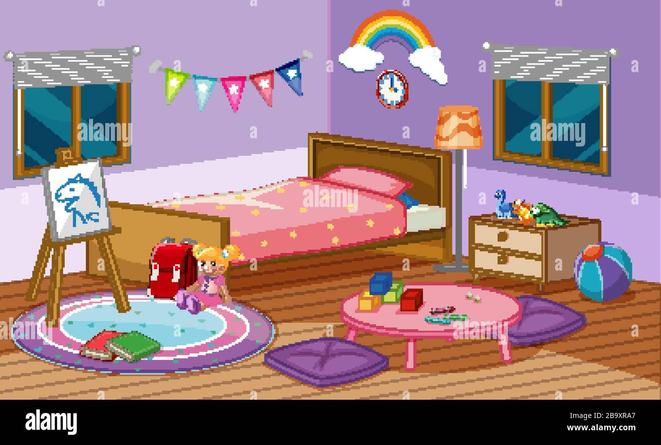 Bedroom scene with bed and many toys in the room illustration Stock ...