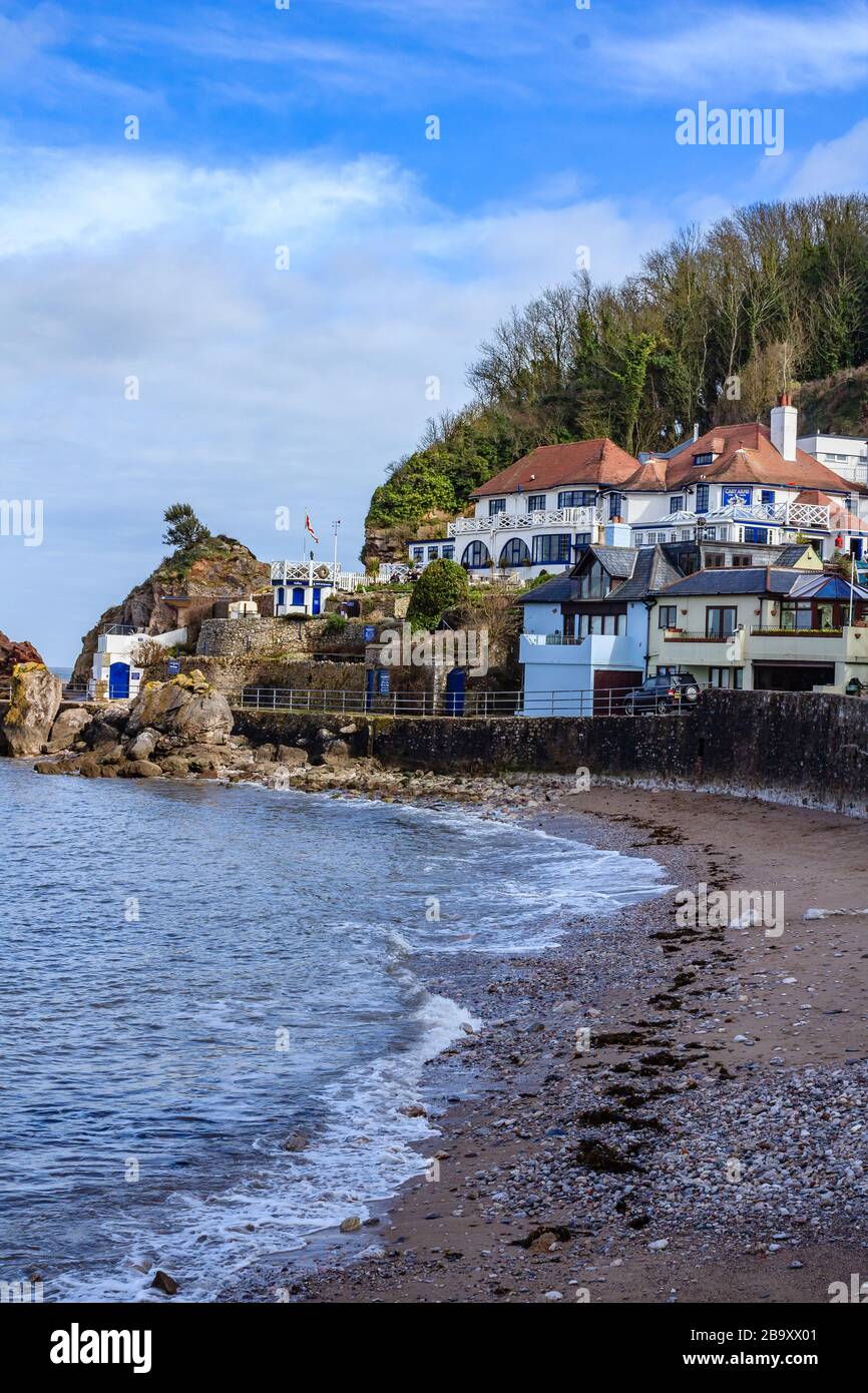 Babbacombe Beach, a bay in but separated from the town of Torquay by a very steep climb. Babbacombe, Torquay, Devon, UK. March 2018. Stock Photo