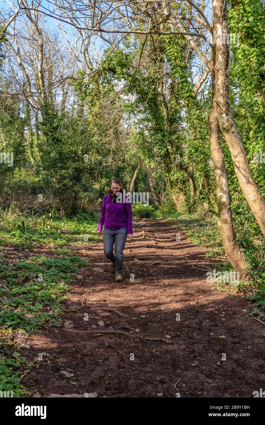 A walker going for a local walk on the South West Coast Path through woodland, Babbacombe, Torquay, Devon, UK. March 2018. Stock Photo