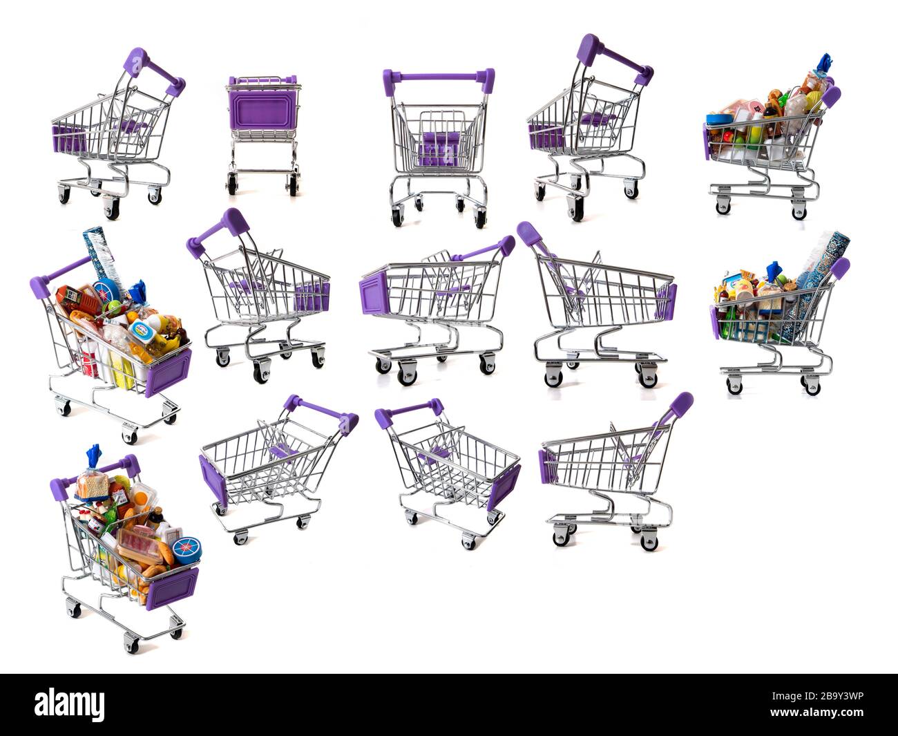 Miniature shopping carts in various angles isolated on a white