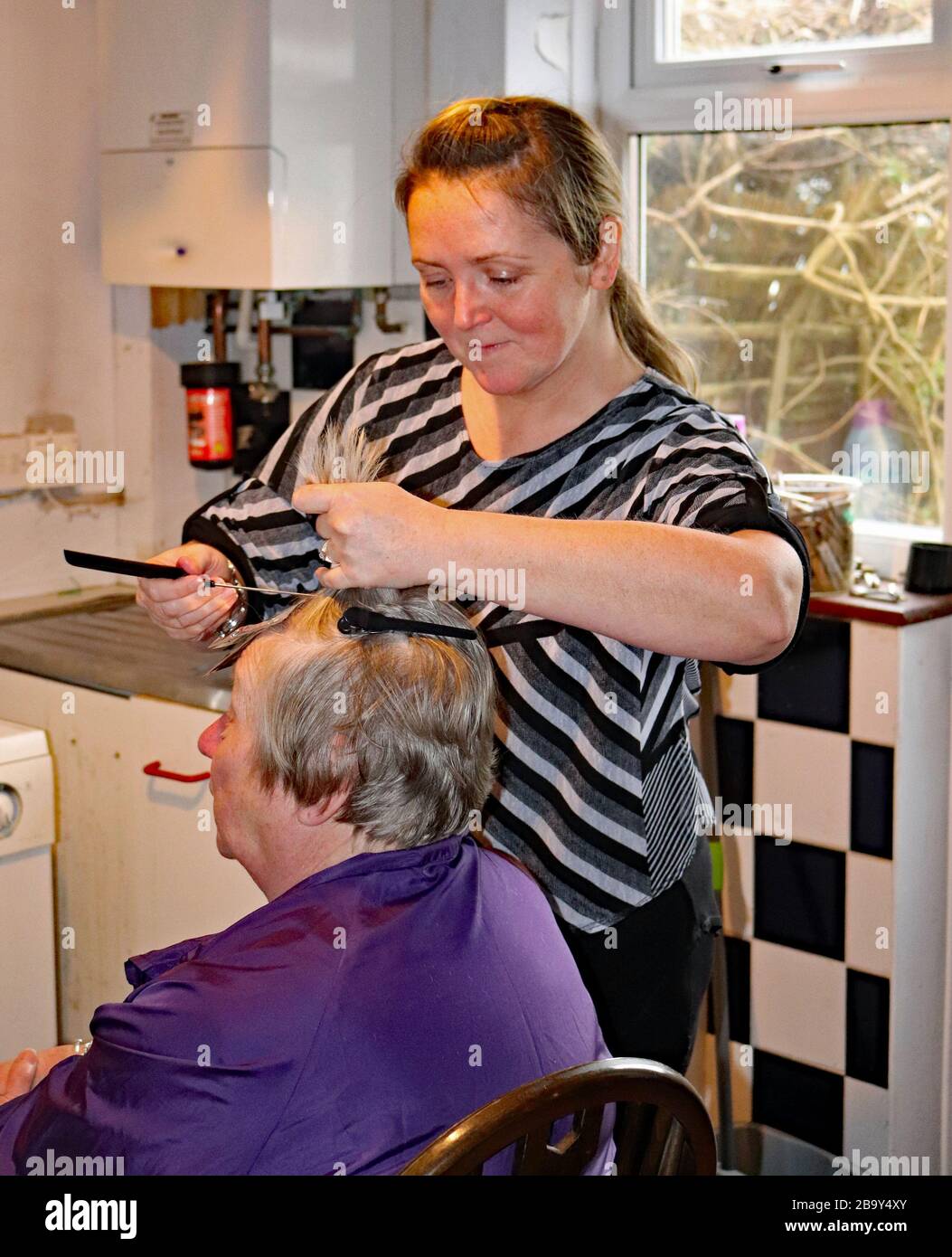 A mobile hair dresser working in a client’s home. Karen Mellor is a hair stylist who works around West Lancashire and is colouring the client’s hair. Stock Photo