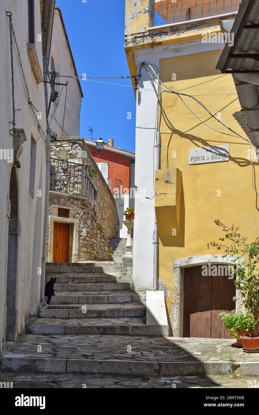 A narrow street among the old zungoli houses, a medieval village in the