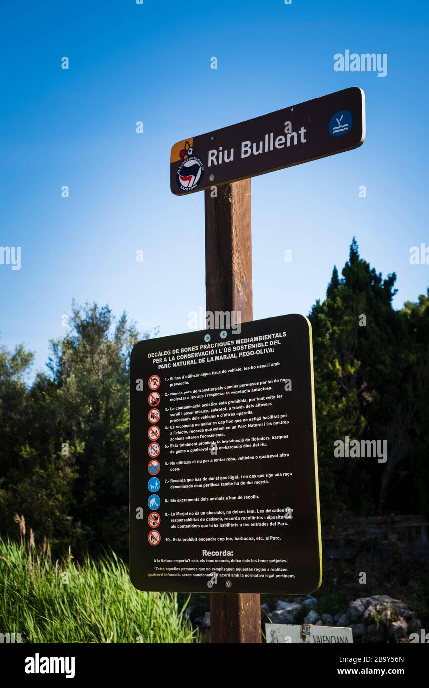 Information sign for the river Bullent at the Marjal at Font Salada, Oliva, Spain Stock Photo
