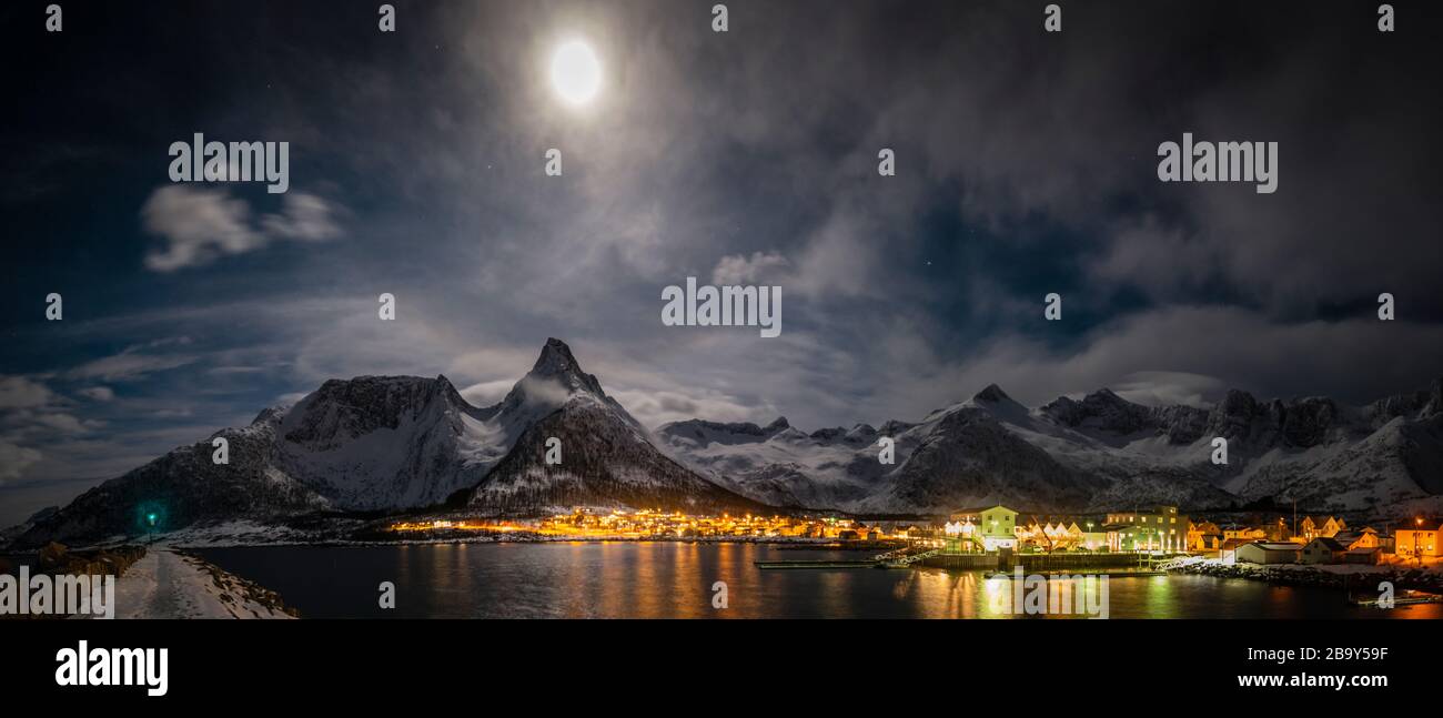 Moonlight at Mefjordvaer, Senja, Norway Stock Photo