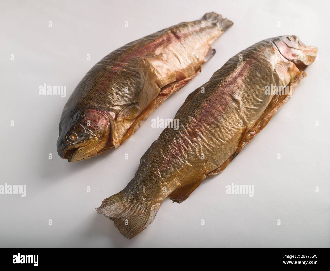Hot smoked fish. Hot smoked river trout on a white background. Sea food