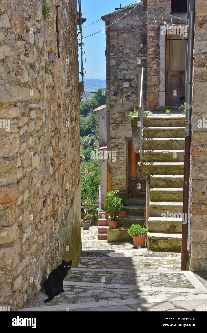 A narrow street among the old zungoli houses, a medieval village in the