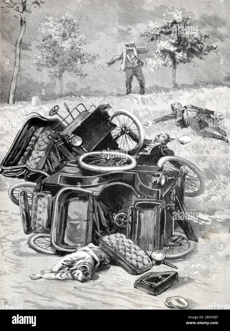 Early Car Accident, Road Accident, Traffic Accident or Motor Accident 1898. Vintage or Old Illustration Stock Photo