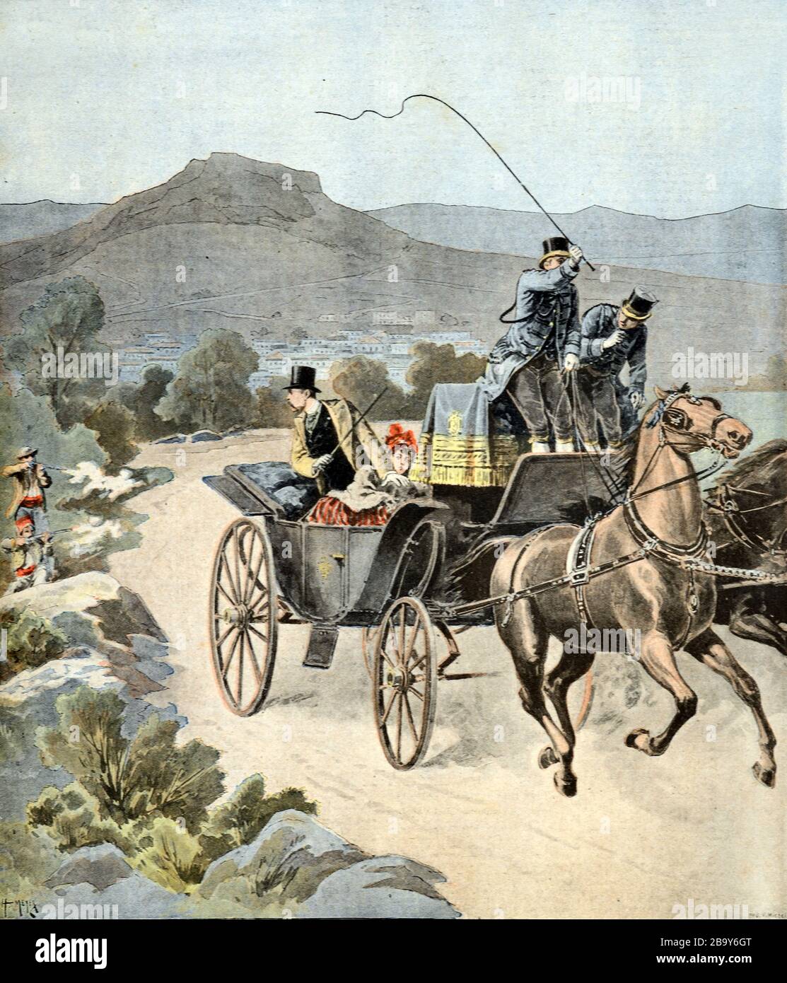 Assassination Attempt on King George I of Greece & His Daughter Maria, on 27 February 1898, while Travelling Back from Phaleron or Phalerum, south of Athens, in an Open Carriage. His assailant, an Athenian clerk named Karditzis and his accomplice were later executed. Vintage or Old Illustration. Stock Photo