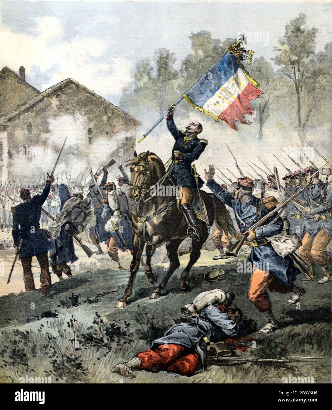 French Army or Troops during the Battle of Solferino & San Martino (24 June 1859), part of the Second Italian War of Independence. The Battle was a Victory for the Franco-Sardinia Alliance against the Austrian Army. Located in the Kingdom of Lombardy-Venetia. Vintage or Old Illustration Stock Photo