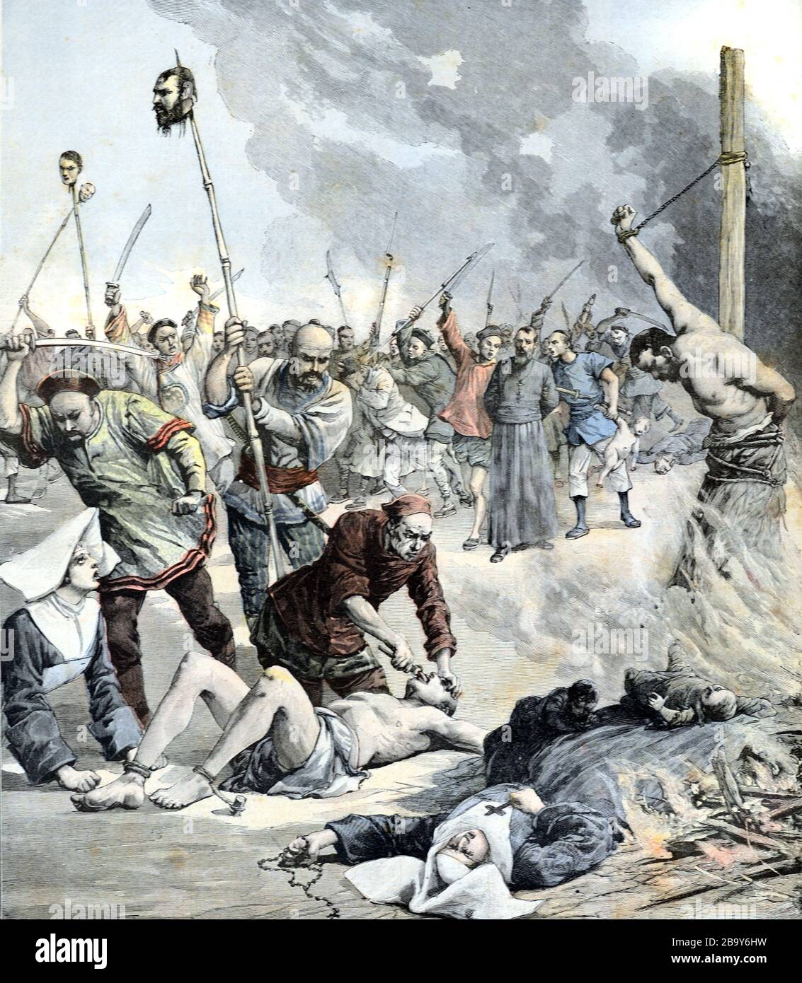 Massacre of Christians During Boxer Rebellion, Boxer Uprising or Yihetuan Movement (1899-1901) An Anti-Imperialist, Anti-Foreign & Anti-Christian Uprising in China towards the end of the Qing Dynasty. Vintage of Old Illustration. Stock Photo