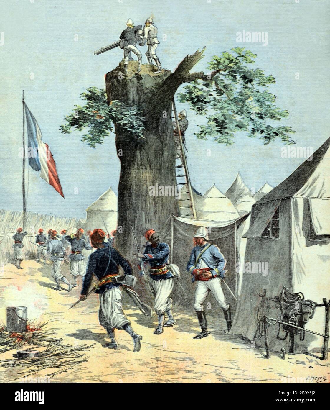 French Soldiers Set Up Machine Gun Post on Top of Baobab Tree in Defense of French Sudan (now Mali) Haut-Niger West Africa 1891. Vintage or Old Illustration Stock Photo