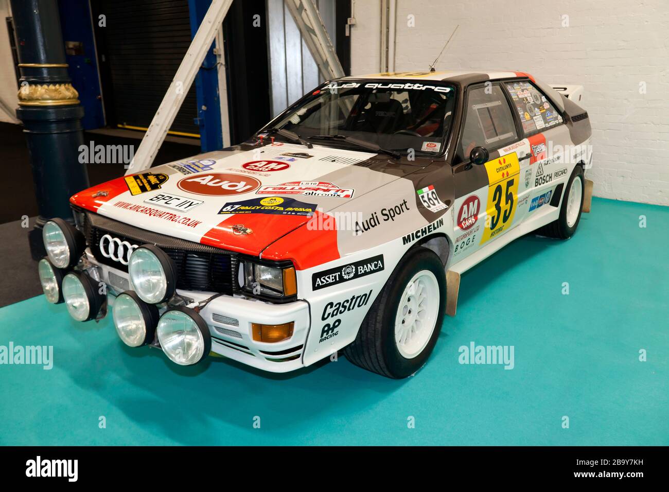Three-quarters front view of a 1983, Audi Quattro Rally Car, on display at the 2020 London Classic Car Show Stock Photo