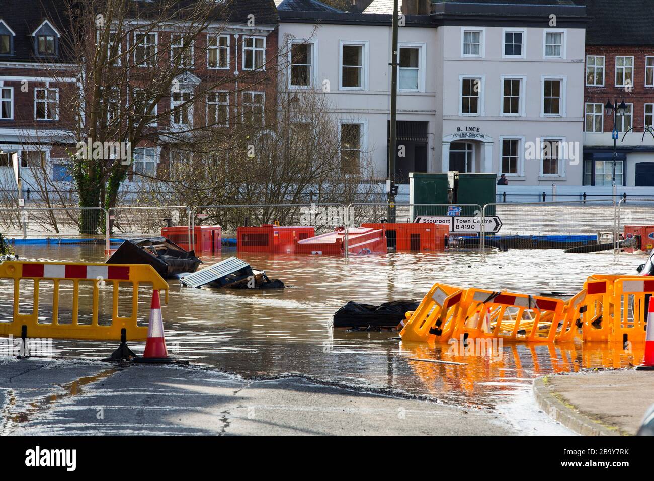 Flooding in Bewdley, Worcestershire, when the River Severn broke its banks and over topped the flood barriers, after the wettest February on record in Stock Photo