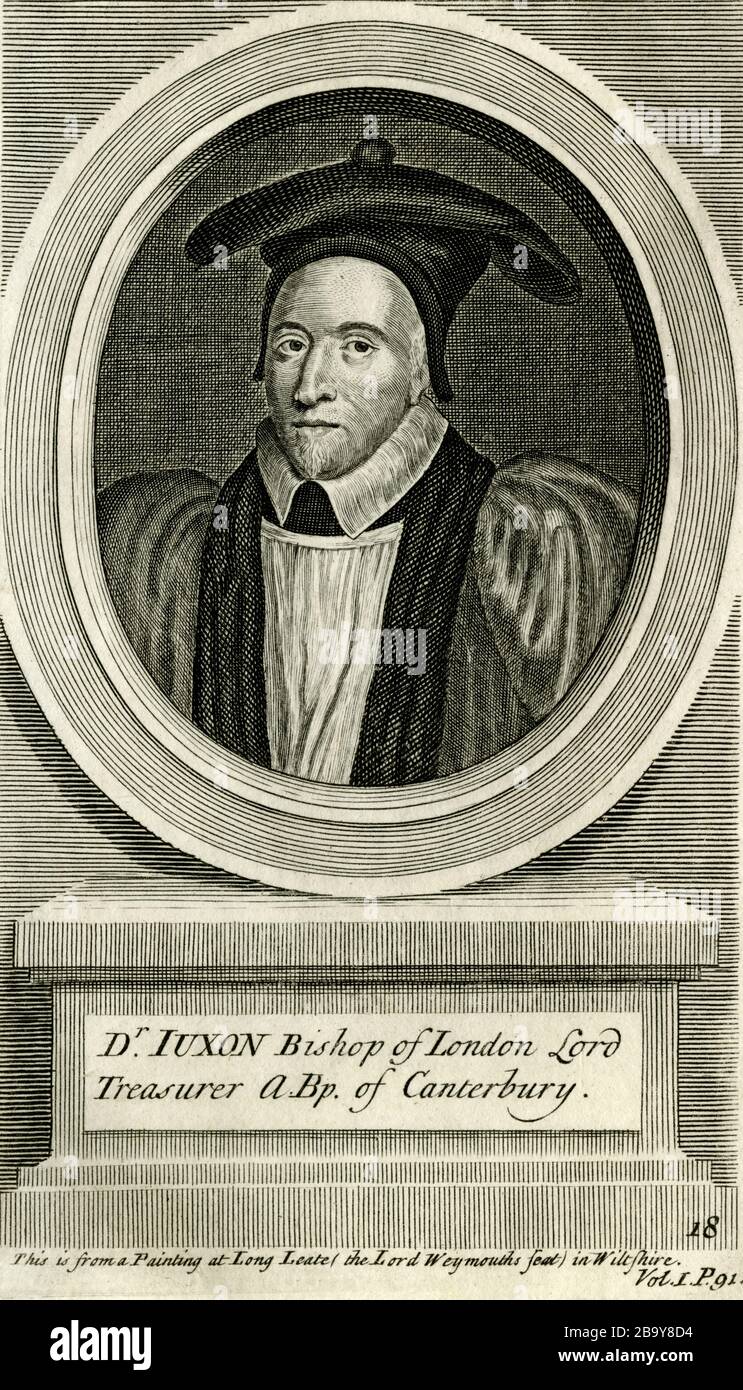 William Juxon (1582 - 1663), best remembered for offering last rites to King Charles I before the king's execution in 1649. Prior to the English Civil War, Juxon was Lord High Treasurer of England and First Lord of the Admiralty. At the Restoration of King Charles II in 1660, Juxon was appointed Archbishop of Canterbury.  Engraving created in the 1700s by George Vertue (1683-1756). Stock Photo