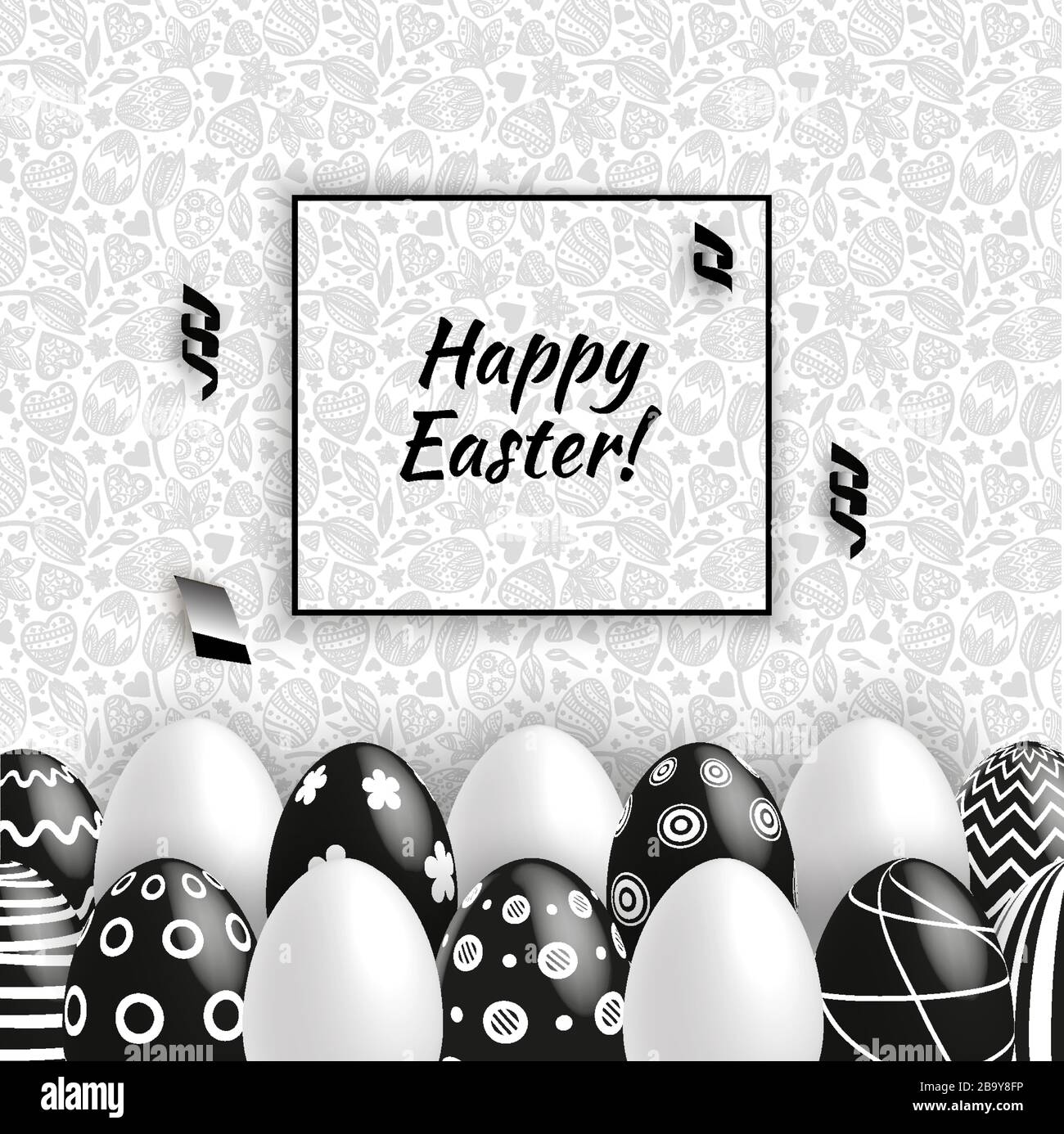 Black white Easter eggs on grey seamless pattern background. Vector set for holiday. Black White Easter card Stock Vector