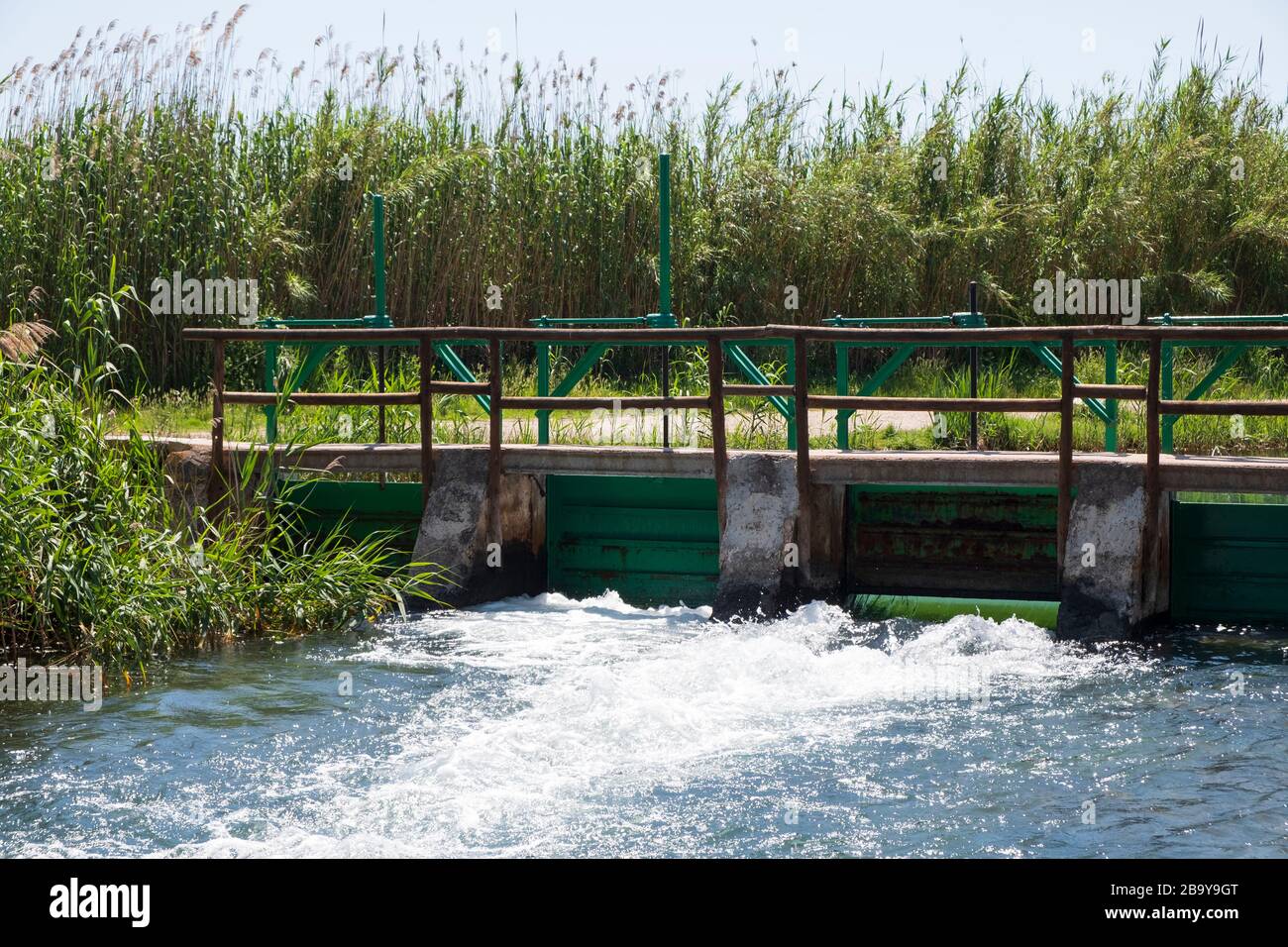 Weir at the  River Vedat in the Marjal at Font Salada, Oliva, Spain Stock Photo