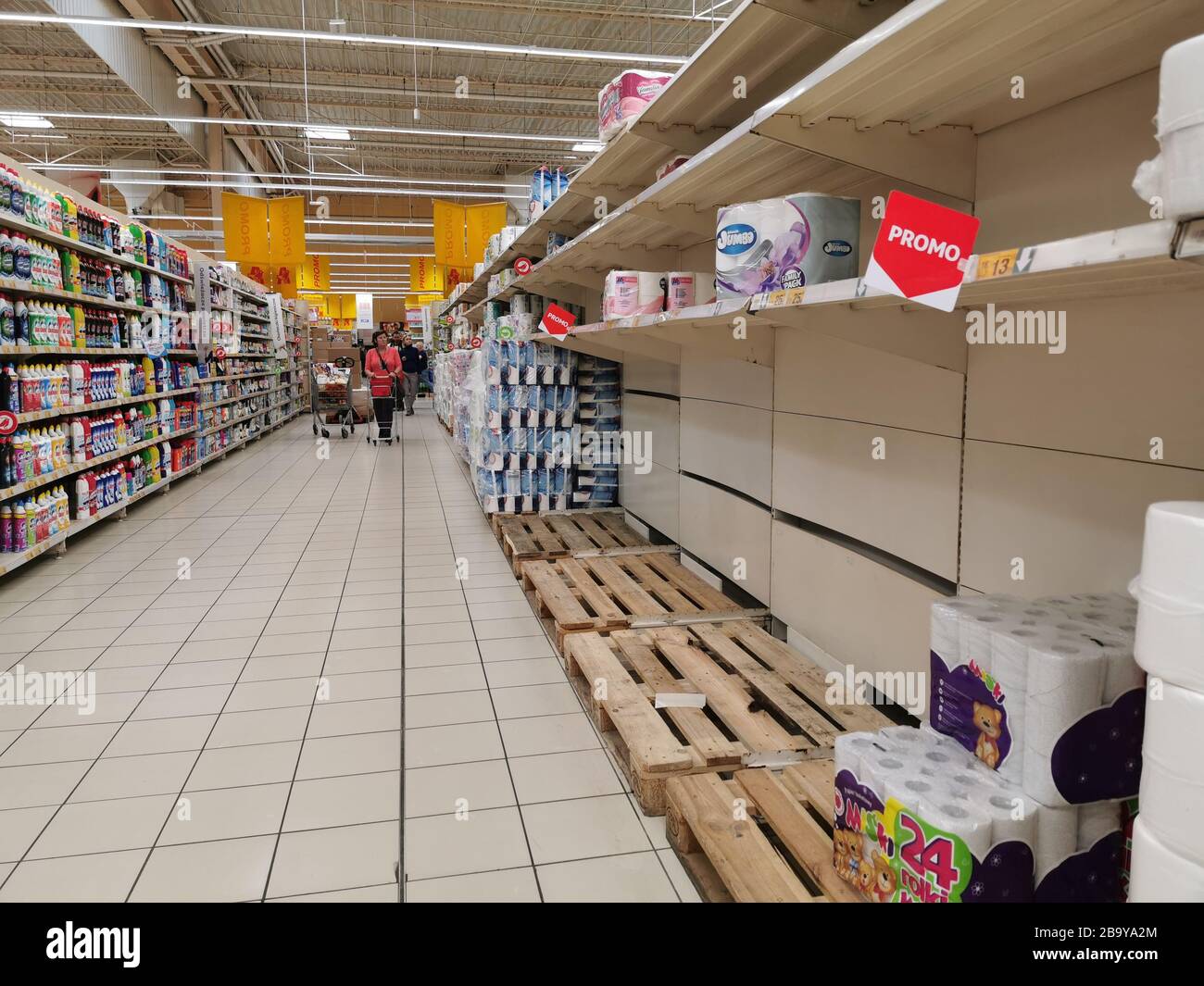 Empty shop shelves because of Coronavirus disease 2019 (COVID-19) threat increased shopping in Wroclaw, Poland. March 12th 2020 Stock Photo