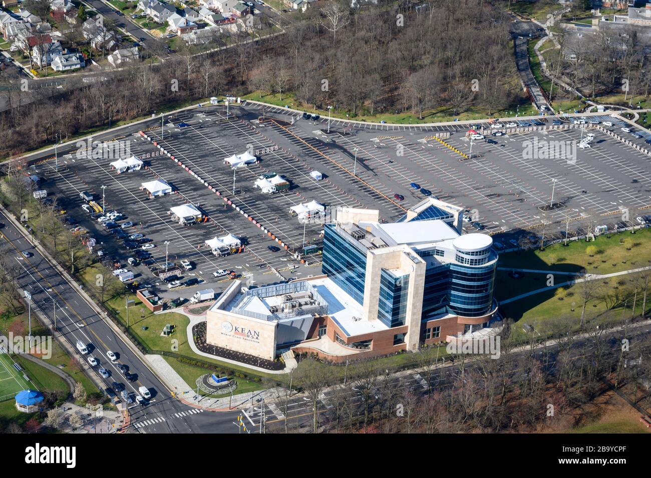 Holmdel, United States. 25th Mar, 2020. An aerial view of the COVID-19  Testing Site at Kean University, in Union, N.J., as seen from a New Jersey  National Guard UH-72 Lakota helicopter, March