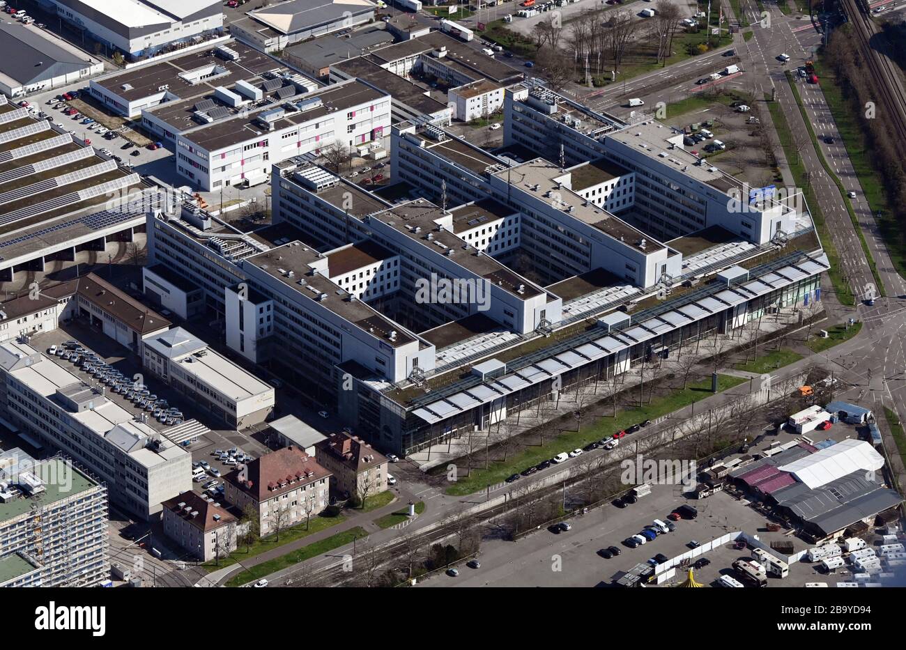 Karlsruhe, Germany. 24th Mar, 2020. Aerial photograph, taken from an airplane, of the headquarters of the energy supplier Energie Baden-Württemberg (EnBW). Credit: Uli Deck/dpa/Alamy Live News Stock Photo