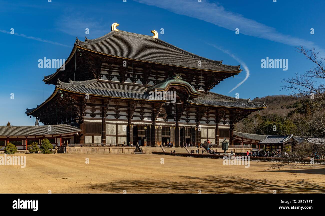 A picture of the Great Buddha Hall, the largest wooden structure in the world, and main building of the Todai-ji Temple. Stock Photo