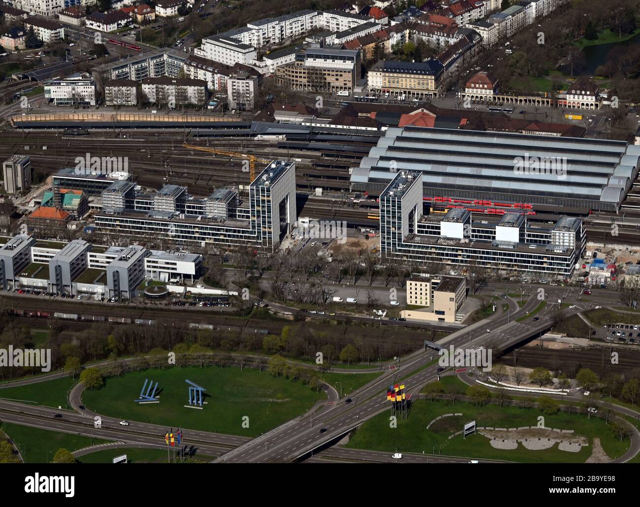 Karlsruhe, Germany. 24th Mar, 2020. Aerial view, taken from an airplane, of the construction site of an office complex at Karlsruhe main station. Among others, the internet company 1&1 is to move into the building. Credit: Uli Deck/dpa/Alamy Live News Stock Photo